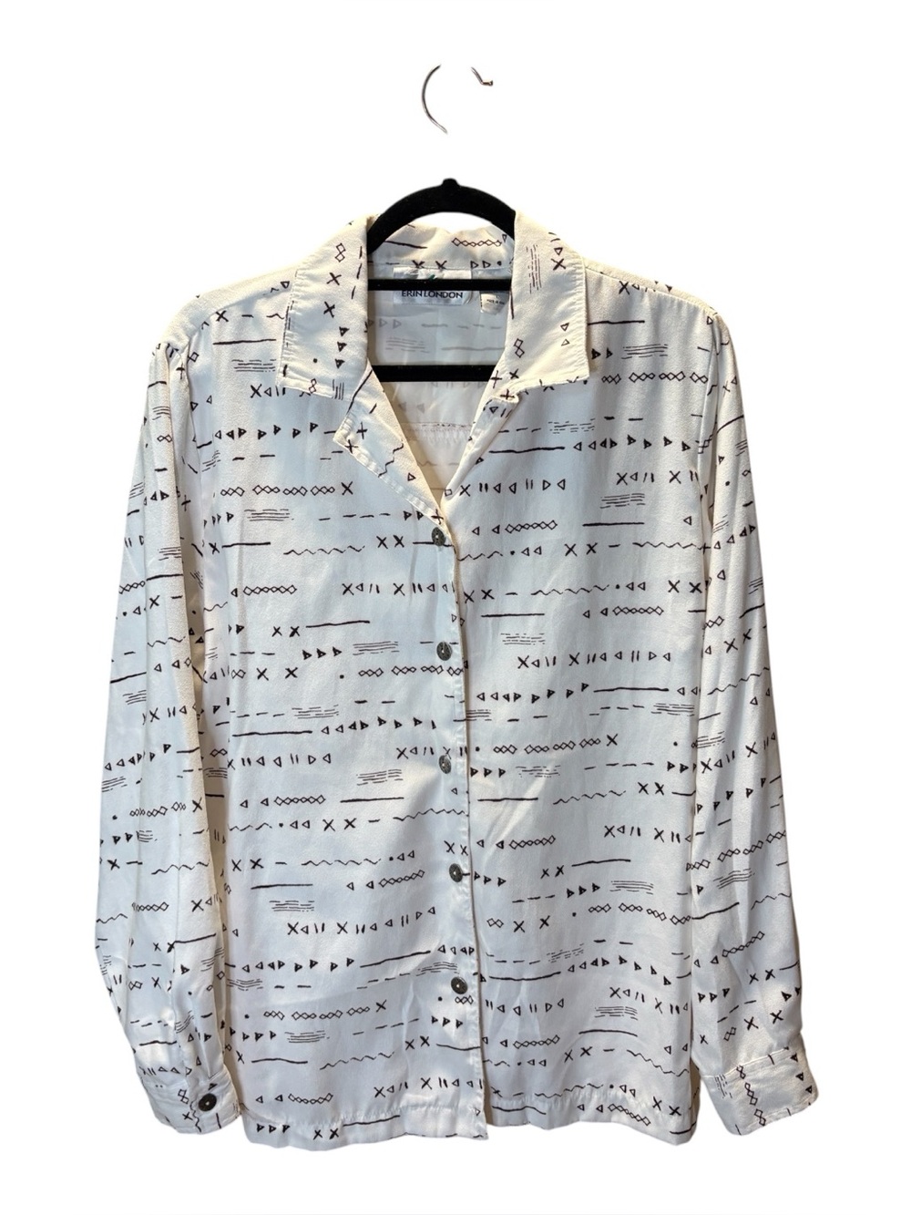 erin london White Button-Down Shirt with Brown Geometric Print